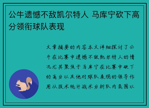 公牛遗憾不敌凯尔特人 马库宁砍下高分领衔球队表现