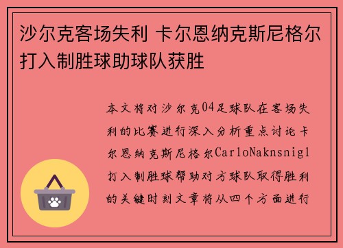 沙尔克客场失利 卡尔恩纳克斯尼格尔打入制胜球助球队获胜